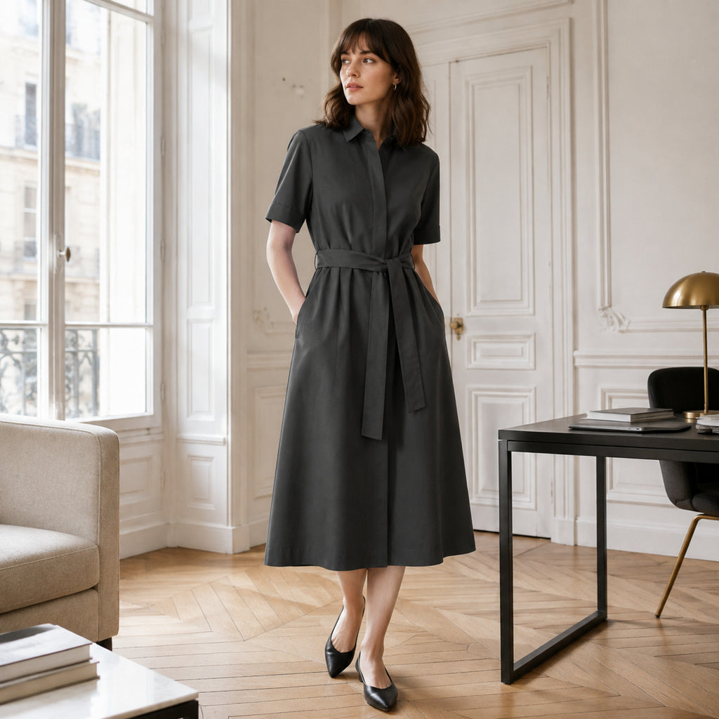 Robe Solférino – Robe midi structurée à taille dessinée