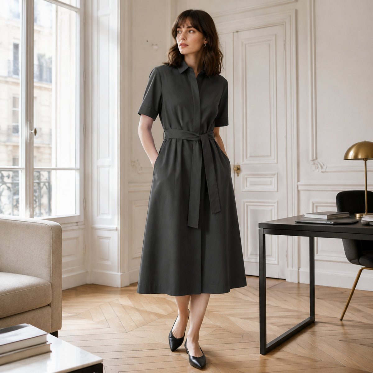 Robe Solférino – Robe midi structurée à taille dessinée