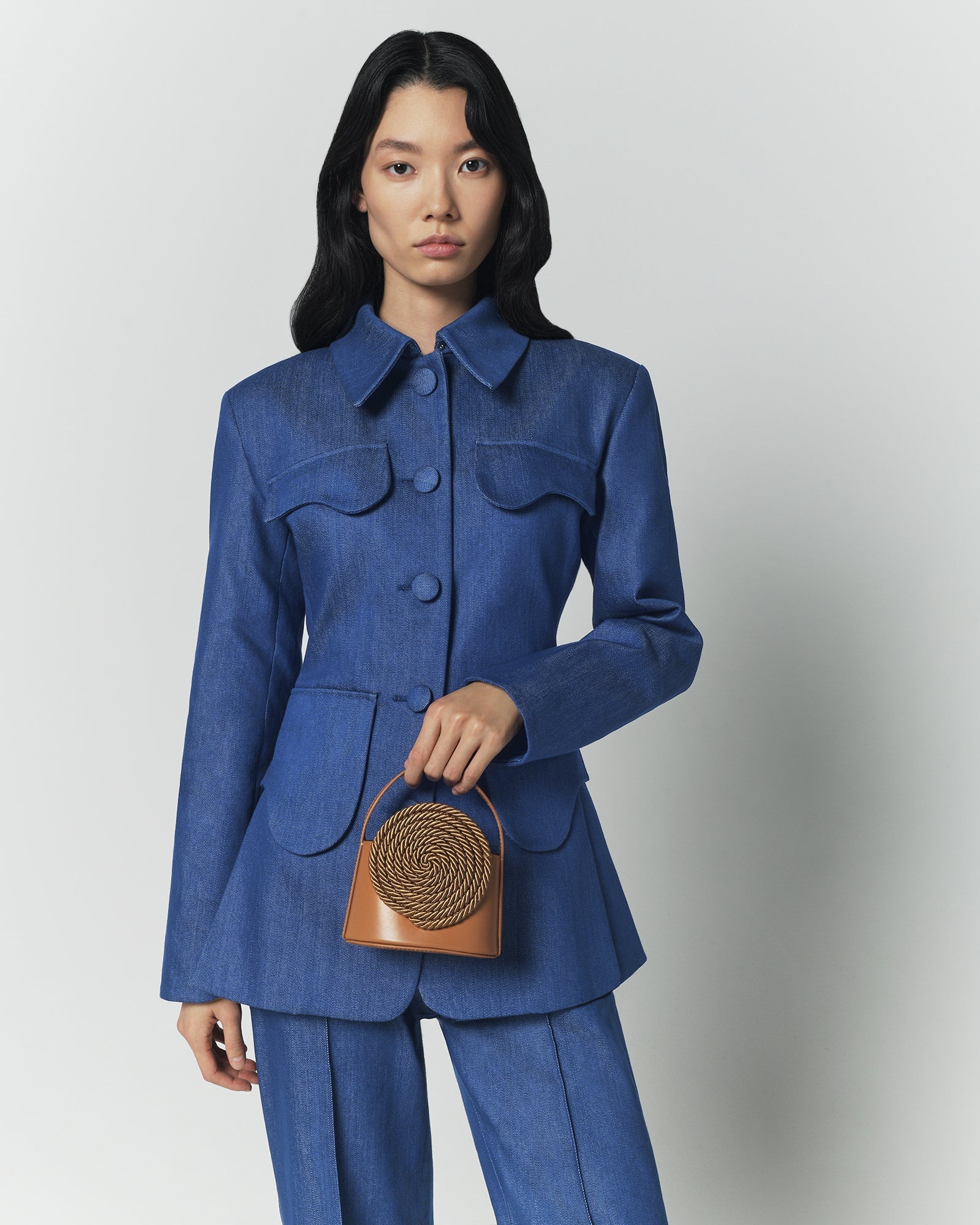 Blue denim utility button-front jacket