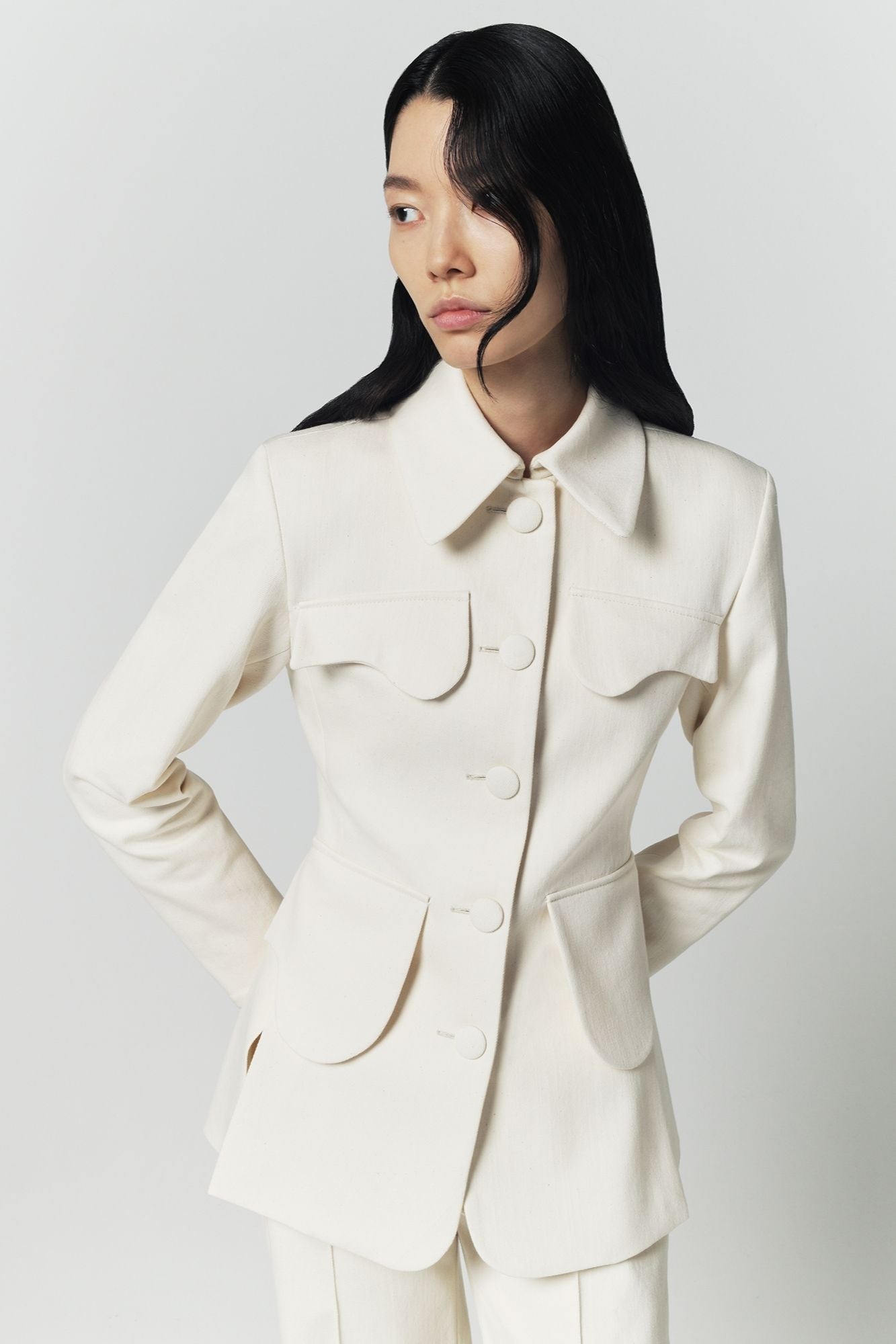 Denim ecru utility button-front jacket