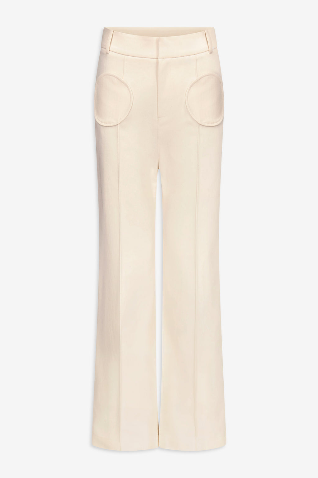 Denim ecru flared pants with circular pocket details