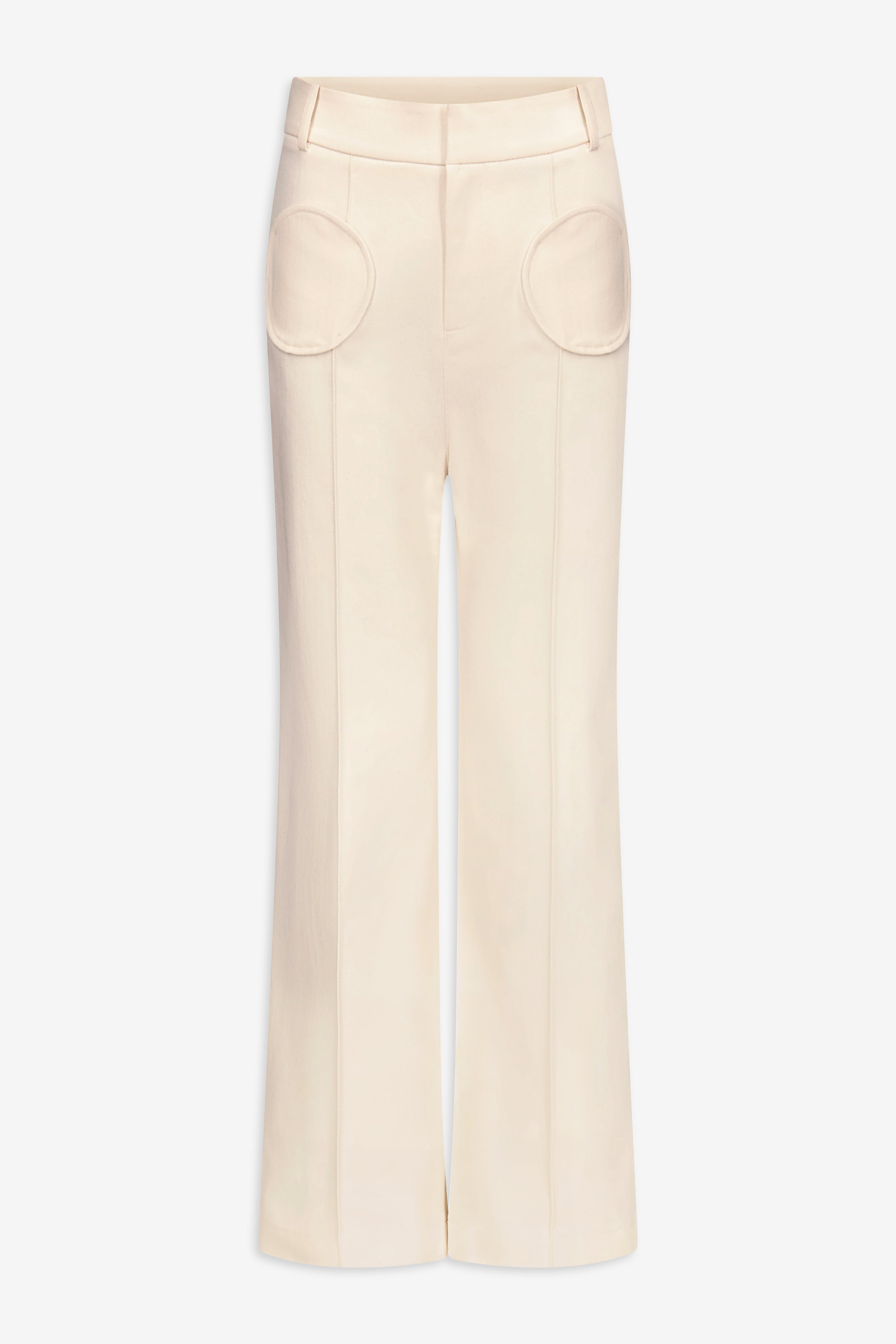 Denim ecru flared pants with circular pocket details