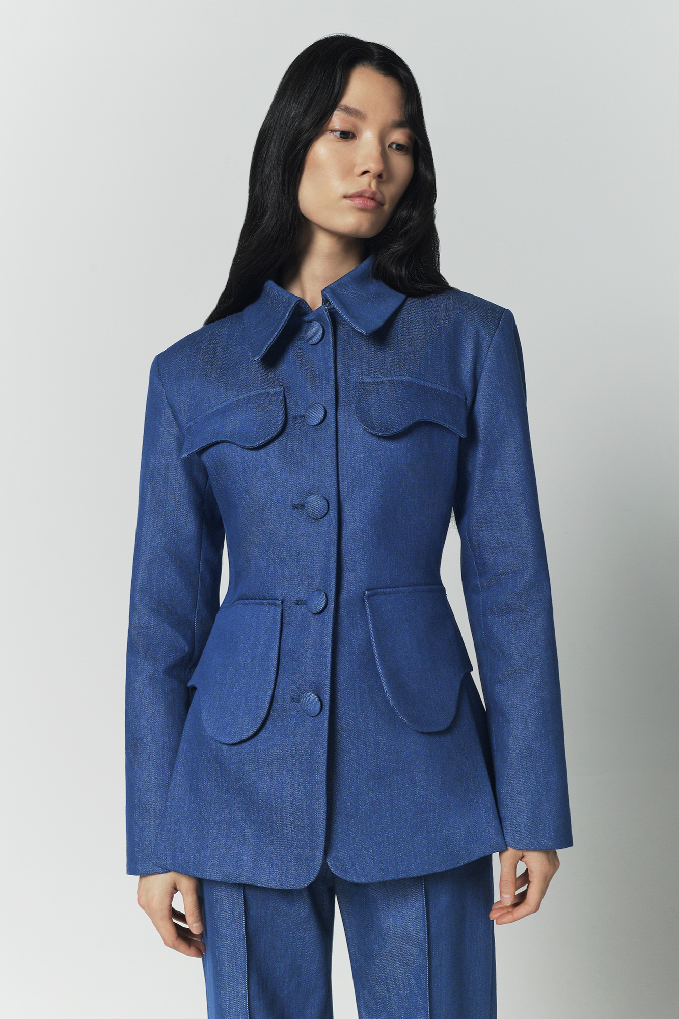 Blue denim utility button-front jacket