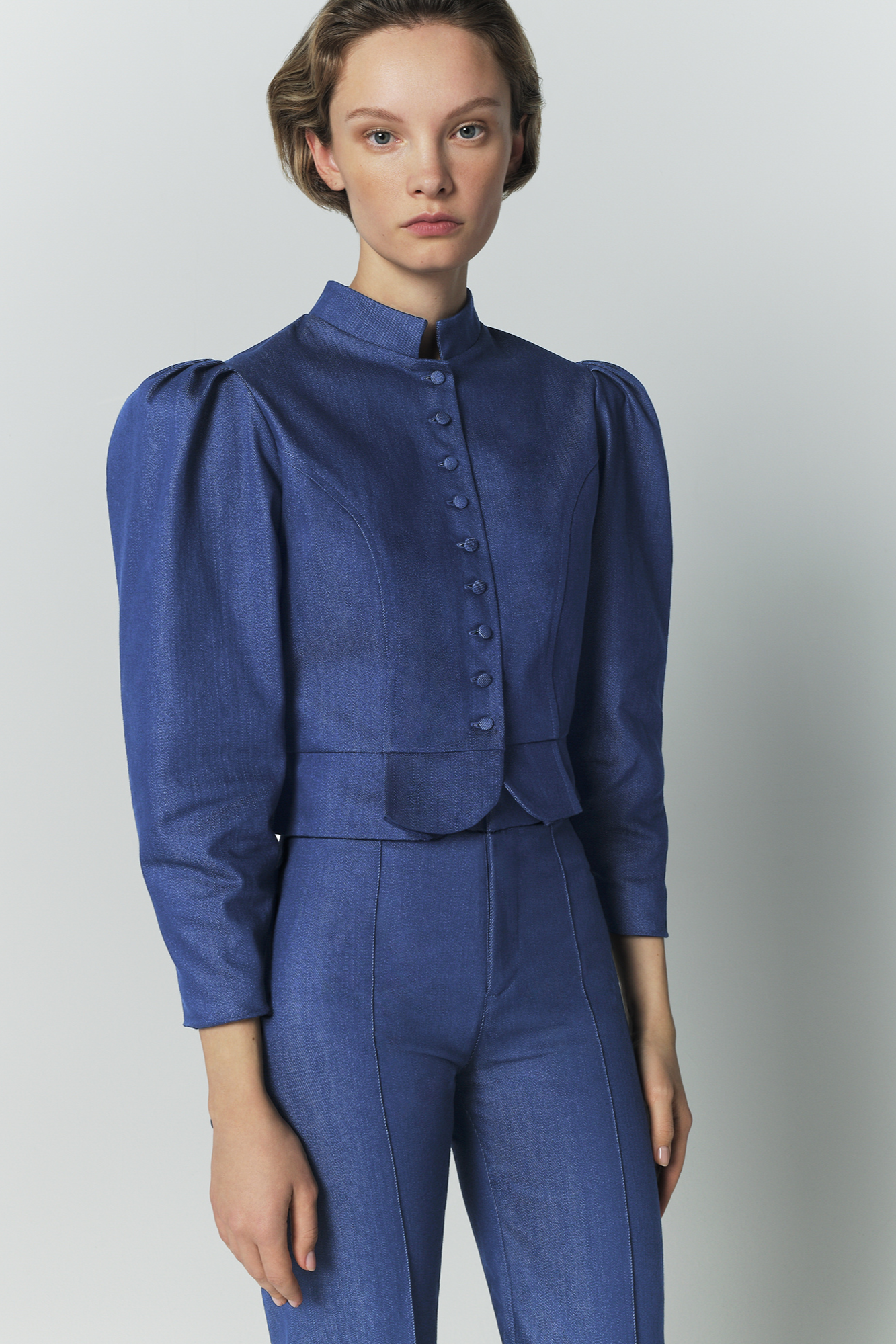 Blue denim puff sleeve jacket