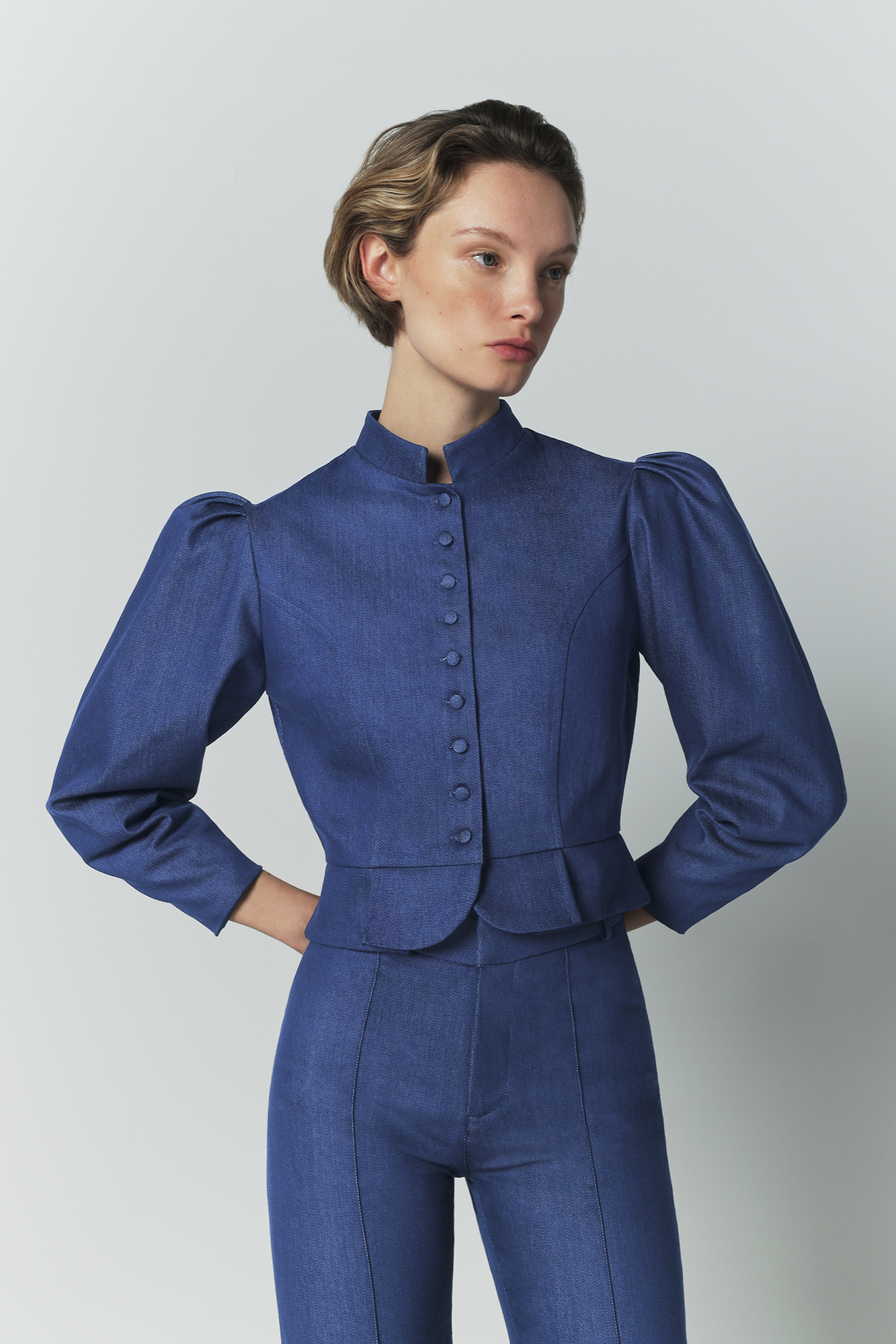 Blue denim puff sleeve jacket